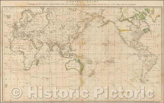 Historic Map - A General Chart Exhibiting the Discoveries made, 1784, James Cook - Vintage Wall Art