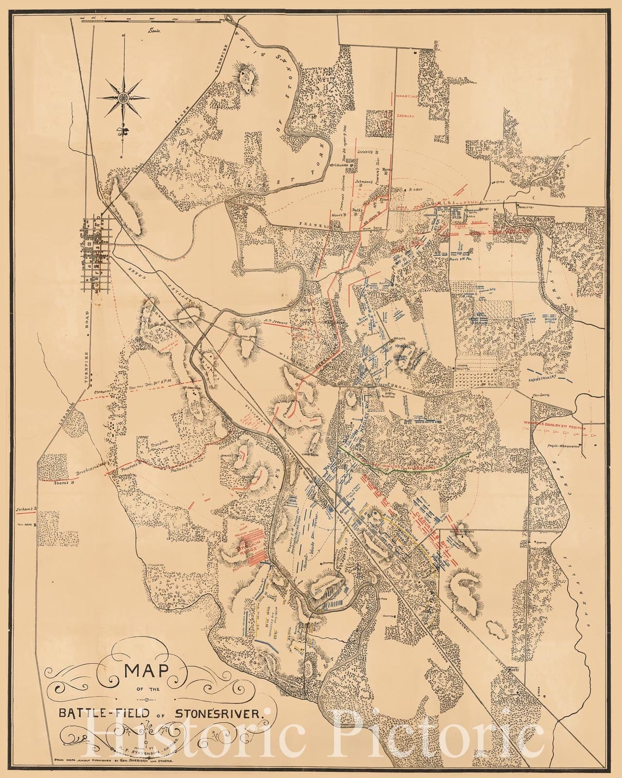 Historic Map - Map of the Battle-Field of Stone's River, 1875, A.F. Stevenson - Vintage Wall Art