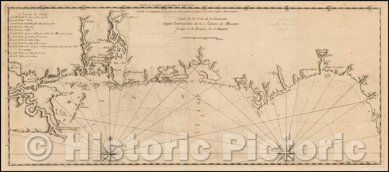Historic Map - Carte de la Coste de la Louisiane depuis l'embouchure de la R/Sea Chart of Gulf Coast, Missisissippi Delta to the Florida Panhandle, 1728 - Vintage Wall Art