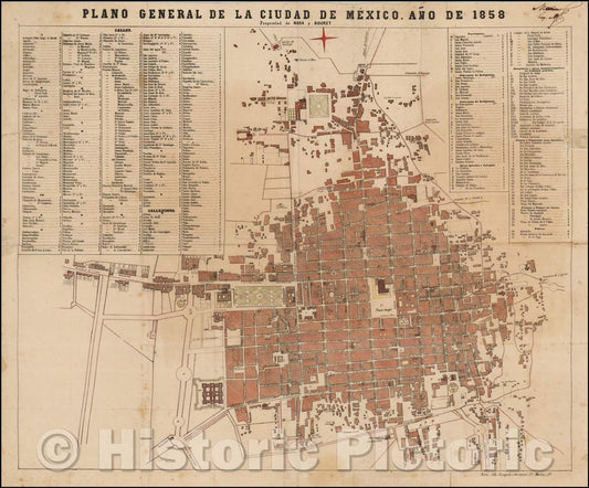 Historic Map - Plano General De La Ciudad De Mexico. A? de 1858/Wide of Mexico City. Year 1858, 1858, Rosa y Bourret - Vintage Wall Art
