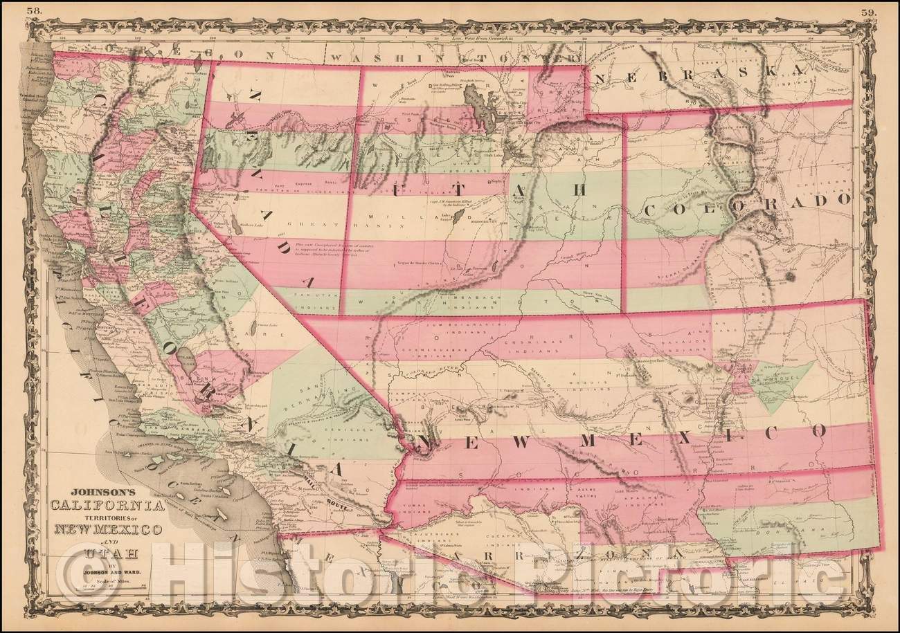 Historic Map - Johnson's California, Territories of New Mexico and Utah, 1862, Benjamin Ward v1