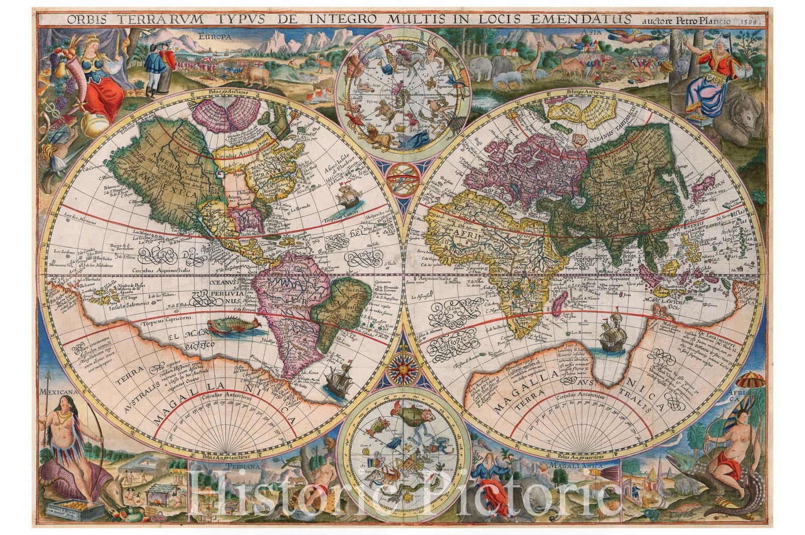 World Map by Petrus Plancius 1594 Historical Map Print