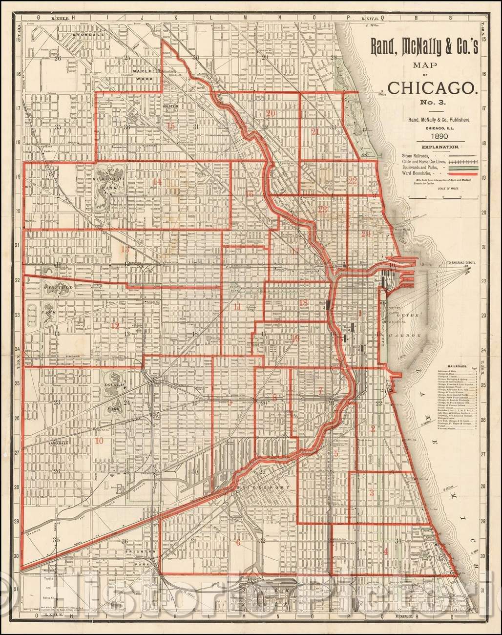 Historic Map - Rand McNally & Co's Map of Chicago No. 3, 1890, Rand McNally & Company - Vintage Wall Art