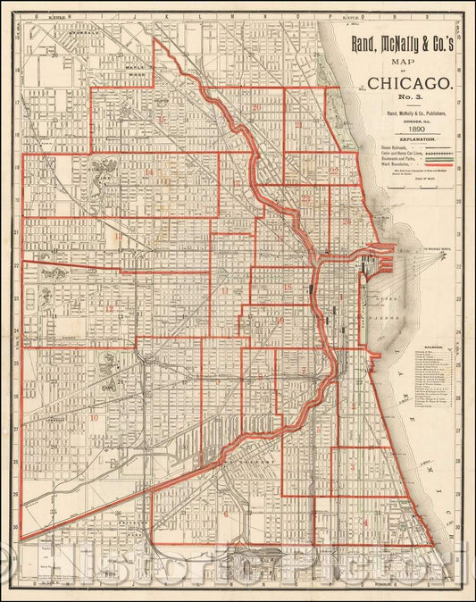 Historic Map - Rand McNally & Co's Map of Chicago No. 3, 1890, Rand McNally & Company - Vintage Wall Art