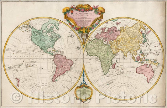 Historic Map - Mappe-Monde dressee suivant les nouvelles relations et assu/Double hemisphere Map of world, discoveries of James Cook in the Pacific, 1778 - Vintage Wall Art