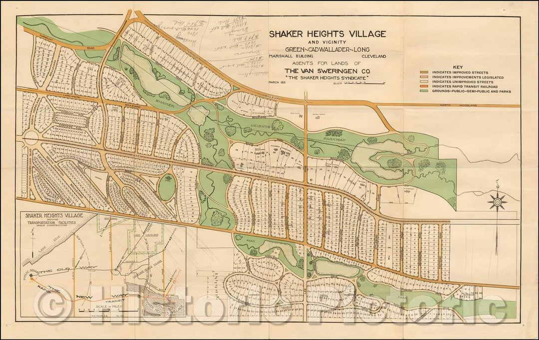 Historic Map - Shaker Heights Village and Vicinity Green-Cadwallader-Long, 1913, W. E. Pease - Vintage Wall Art