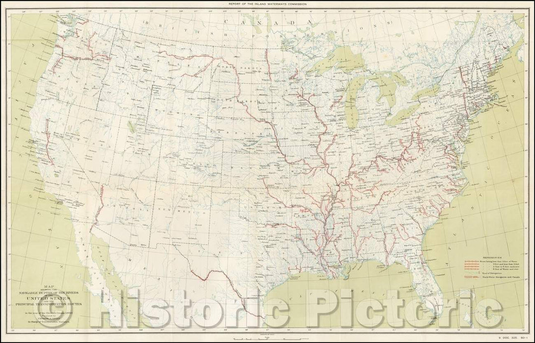 Historic Map - Map Showing The Navigable Depths of the Rivers of the United States and the Principal Transportation Routes, 1890, United States GPO - Vintage Wall Art