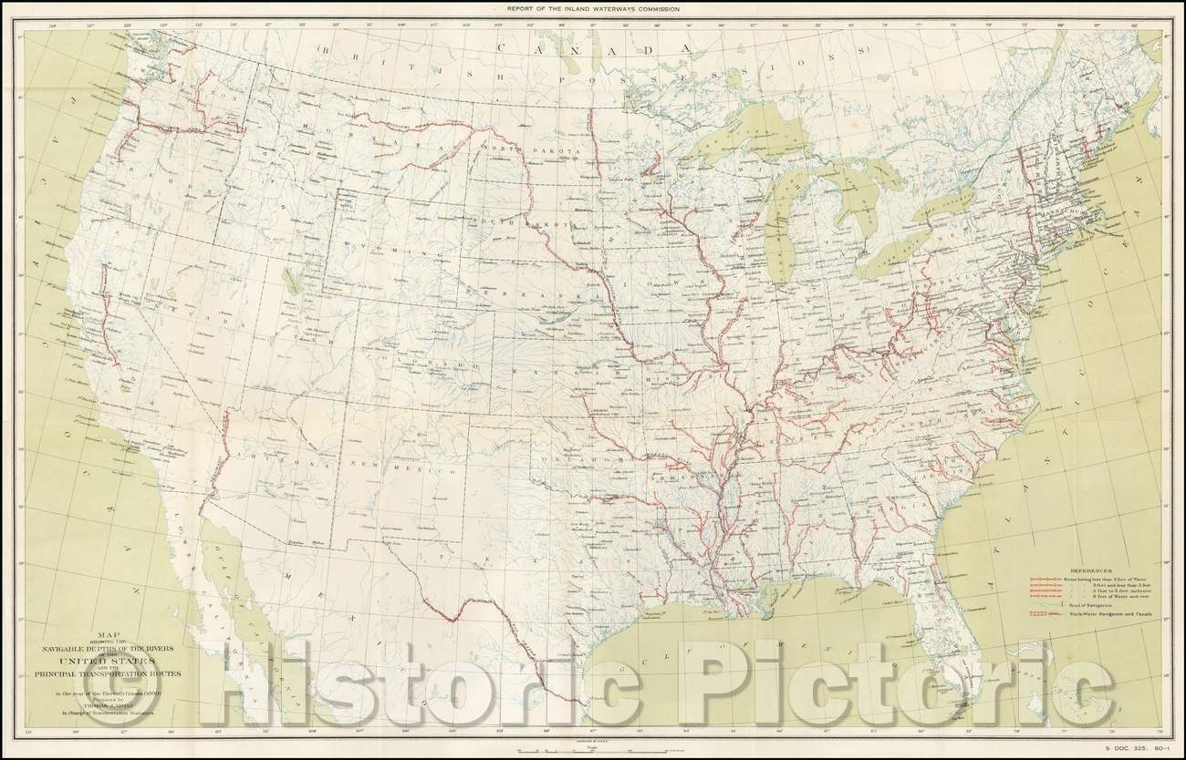 Historic Map - Map Showing The Navigable Depths of the Rivers of the United States and the Principal Transportation Routes, 1890, United States GPO - Vintage Wall Art