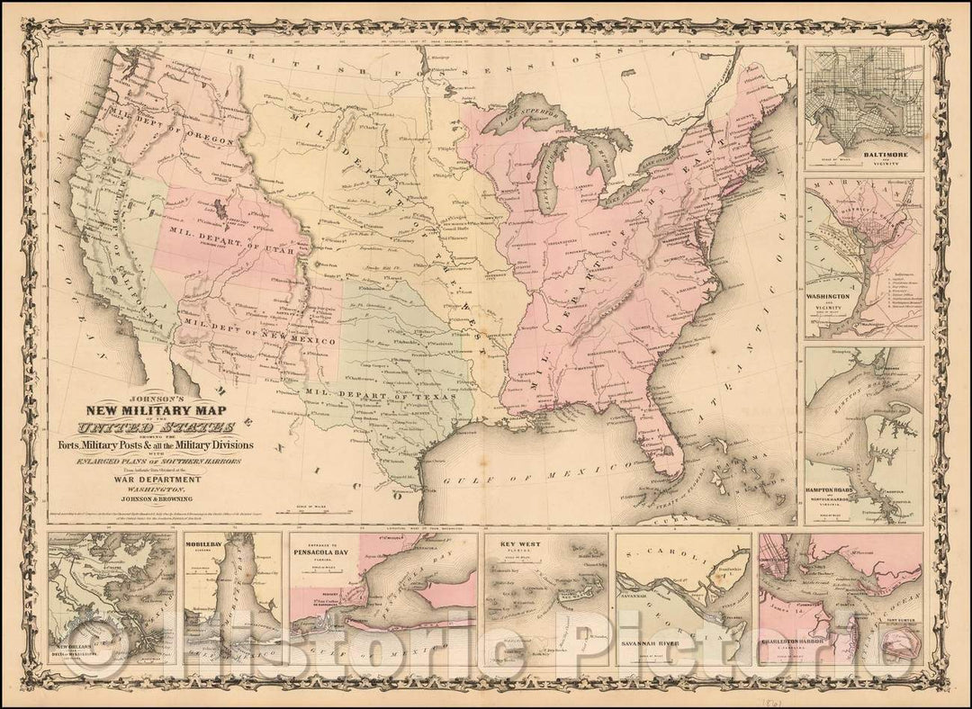 Historic Map - Johnson's New Military of the United States Forts, Military Posts & all the Military Divisions with Enlarged Plans of the Southern Harbors, 1861 v2