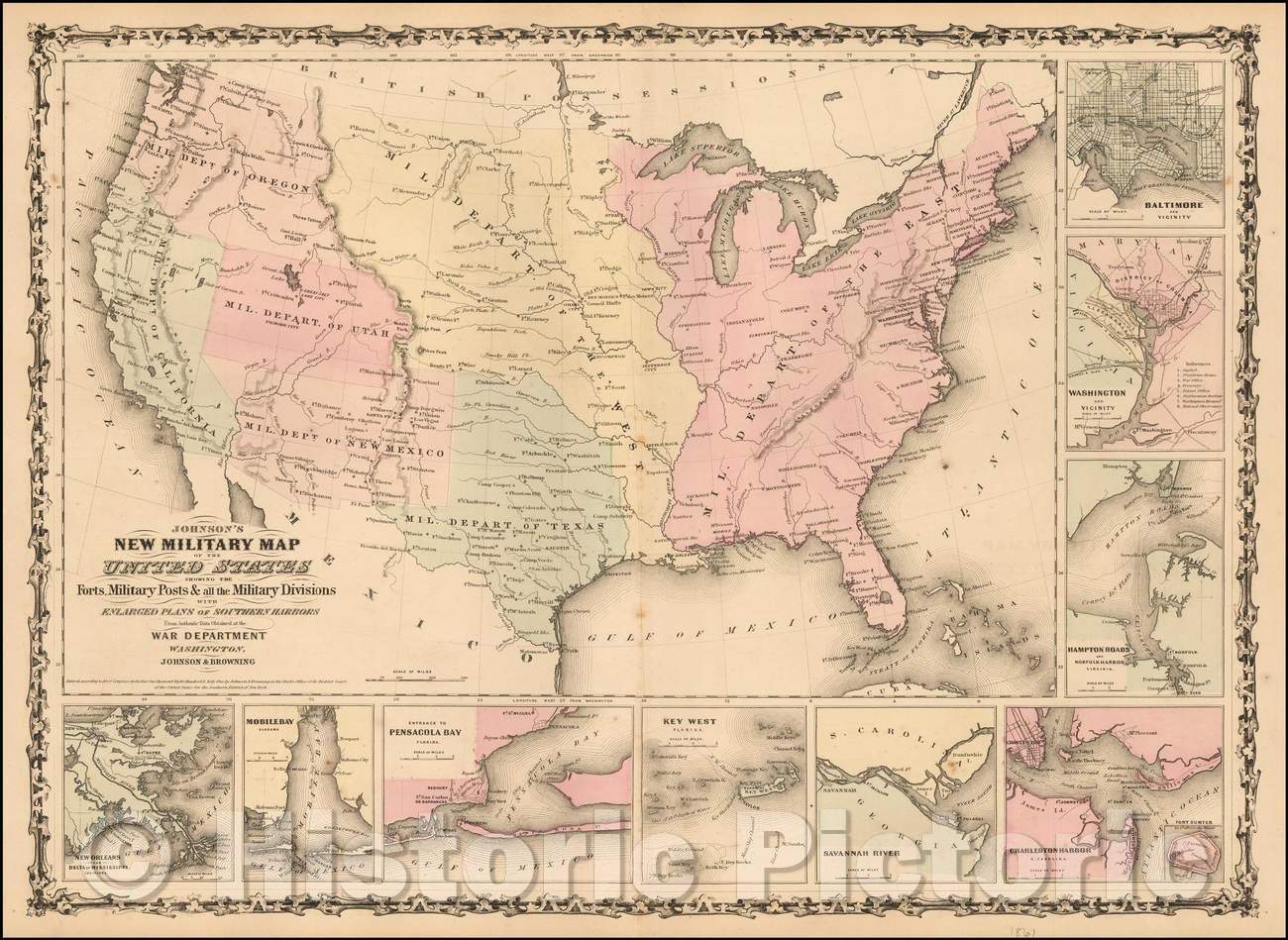 Historic Map - Johnson's New Military of the United States Forts, Military Posts & all the Military Divisions with Enlarged Plans of the Southern Harbors, 1861 v2