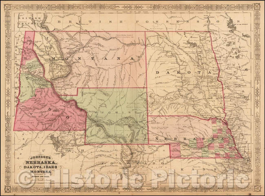 Historic Map - Johnson's Nebraska, Dakota, Idaho & Montana, 1865, Benjamin Ward - Vintage Wall Art