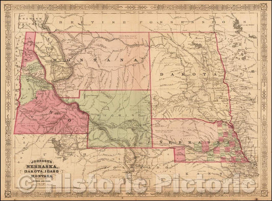Historic Map - Johnson's Nebraska, Dakota, Idaho & Montana, 1865, Benjamin Ward - Vintage Wall Art