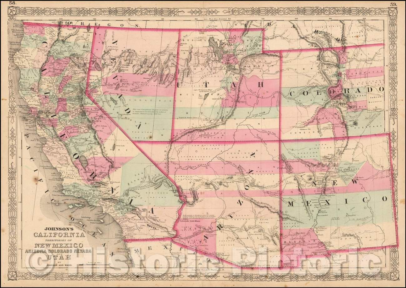 Historic Map - Johnson's California, Territories of New Mexico, Arizona, Colorado, Nevada and Utah, 1863, Benjamin Ward v2