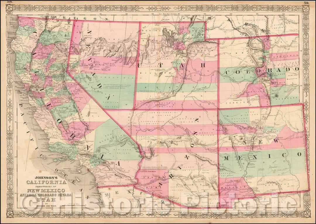 Historic Map - Johnson's California, with Utah, Nevada, Colorado, New Mexico and Arizona, 1865, Benjamin Ward - Vintage Wall Art