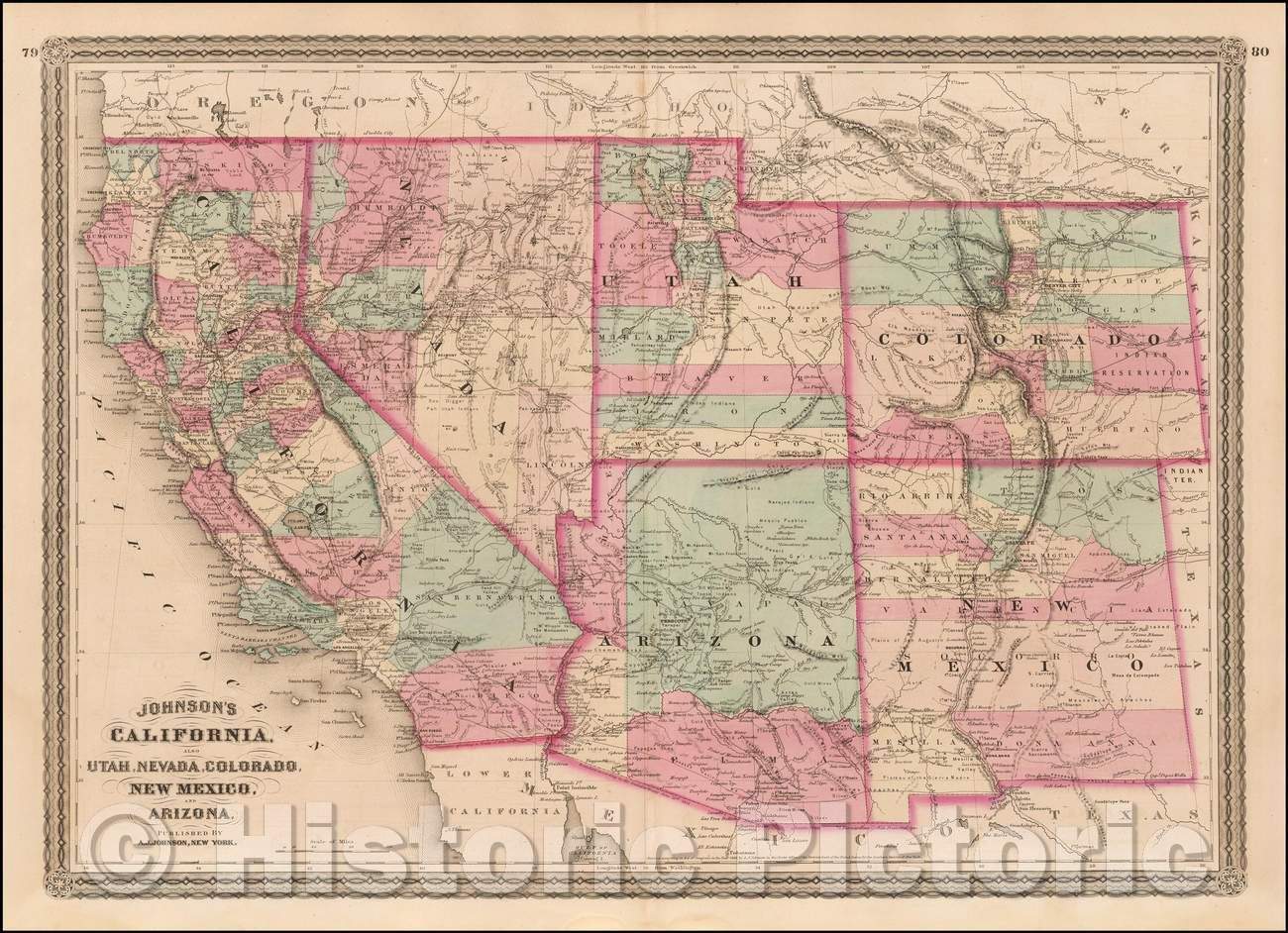 Historic Map - Johnson's California, with Utah, Nevada, Colorado, New Mexico and Arizona, 1867, Alvin Jewett Johnson v3