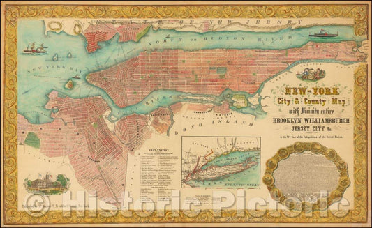 Historic Map - New-York City & County Map with Vicinity entire Brooklyn Willimsburgh Jersy City in the 79th Year of the Independence of the United States, 1855 v2