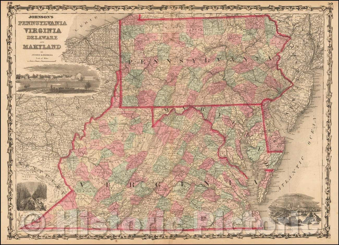 Historic Map - Johnson's Pennsylvania, Virginia, Delaware and Maryland, 1861, Alvin Jewett Johnson - Vintage Wall Art