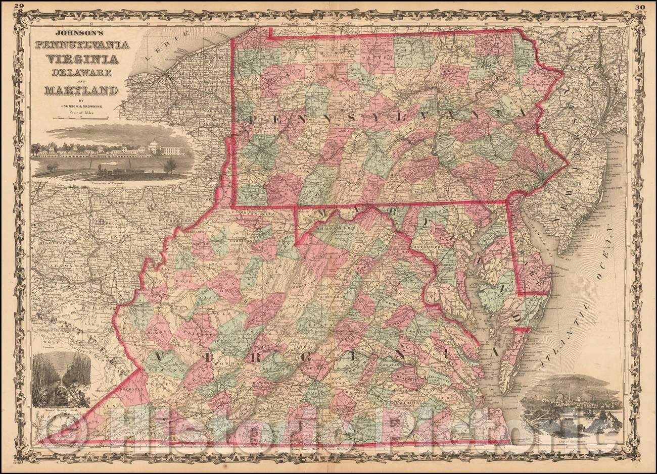 Historic Map - Johnson's Pennsylvania, Virginia, Delaware and Maryland, 1861, Alvin Jewett Johnson - Vintage Wall Art