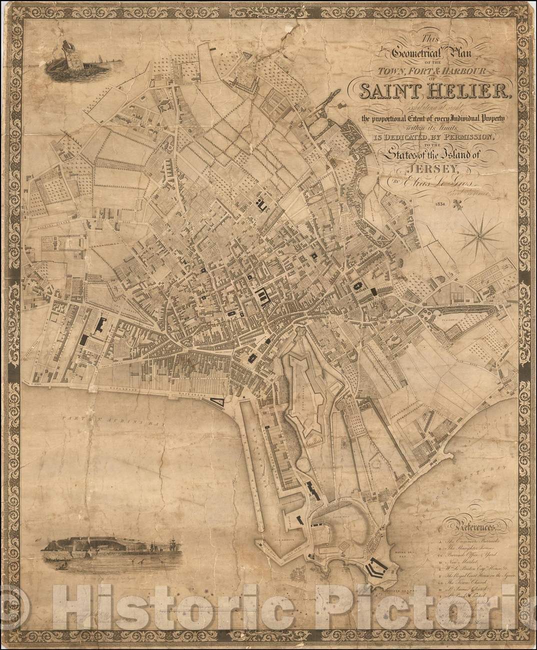 Historic Map - Geometrical Plan of the Town, Fort & Harbour of Saint Helier, 1834, Elias Le Gros - Vintage Wall Art