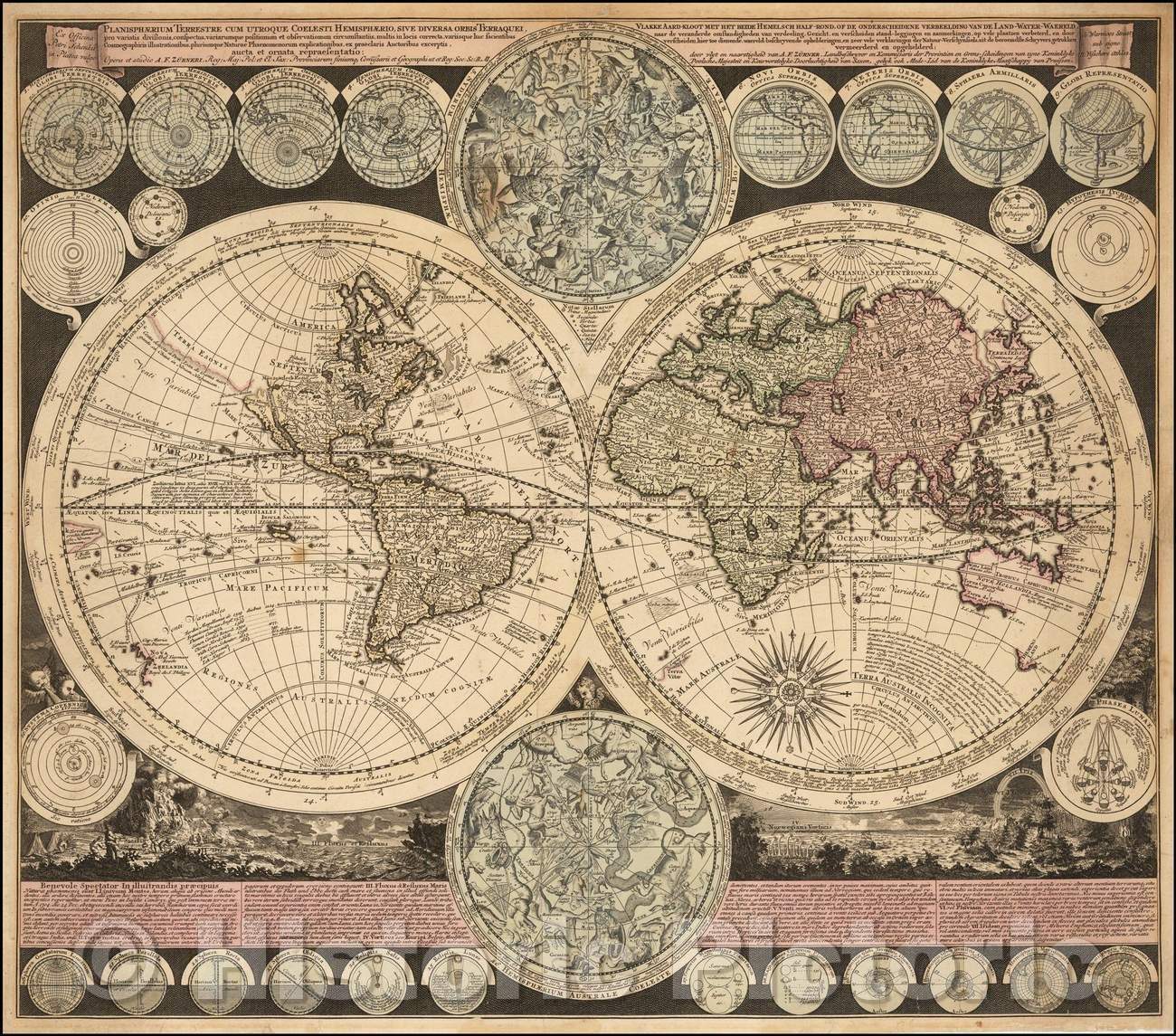 Historic Map - Planisphaerium Terrestre cum utroque Coelesti Hemisphaerio/Adam Freidrich Zurner's Double hemisphere Map, 1700, Adam Friedrich Zurner - Vintage Wall Art