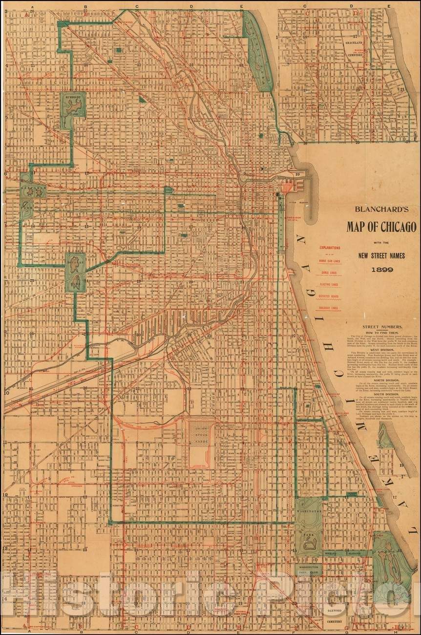 Historic Map - Blanchard's Map of Chicago with the New Street Names, 1899, Rufus Blanchard - Vintage Wall Art