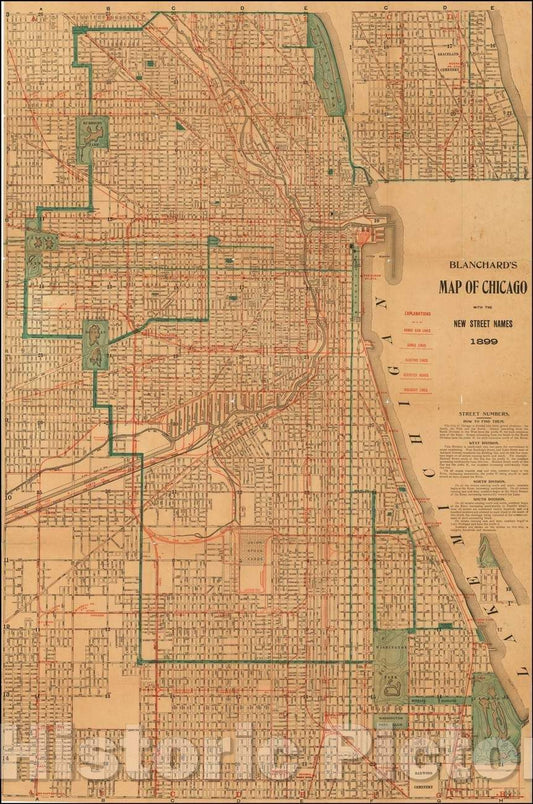 Historic Map - Blanchard's Map of Chicago with the New Street Names, 1899, Rufus Blanchard - Vintage Wall Art