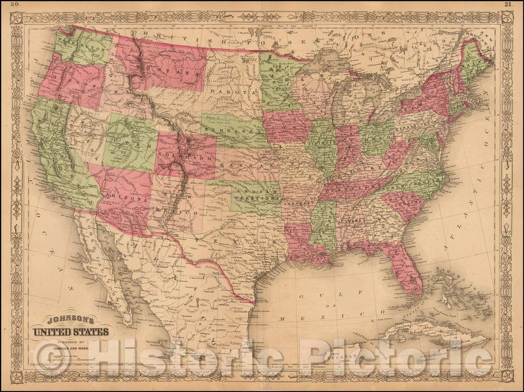 Historic Map - Johnson's United States (with strange Dakota Territory configuration), 1866, Alvin Jewett Johnson - Vintage Wall Art
