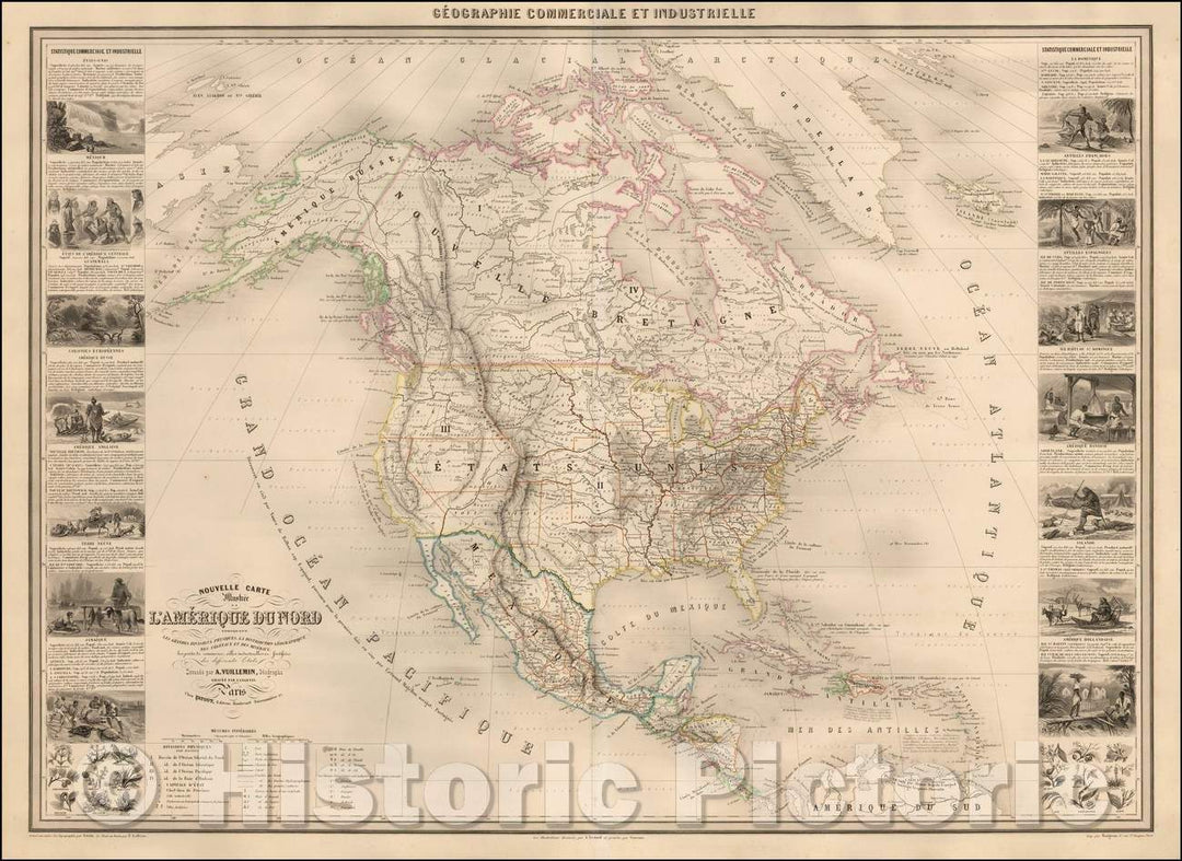 Historic Map - Nouvelle Carte Illustree De L'Amerique Du Nord Indiquant Les Grandes/North America, Distribution Of Vegetables And Minerals, 1854 v3