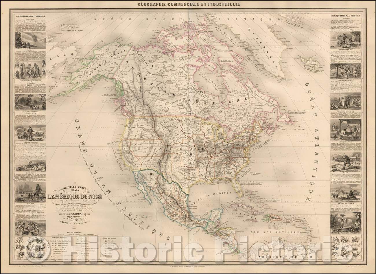 Historic Map - Nouvelle Carte Illustree De L'Amerique Du Nord Indiquant Les Grandes/North America, Distribution Of Vegetables And Minerals, 1854 v3