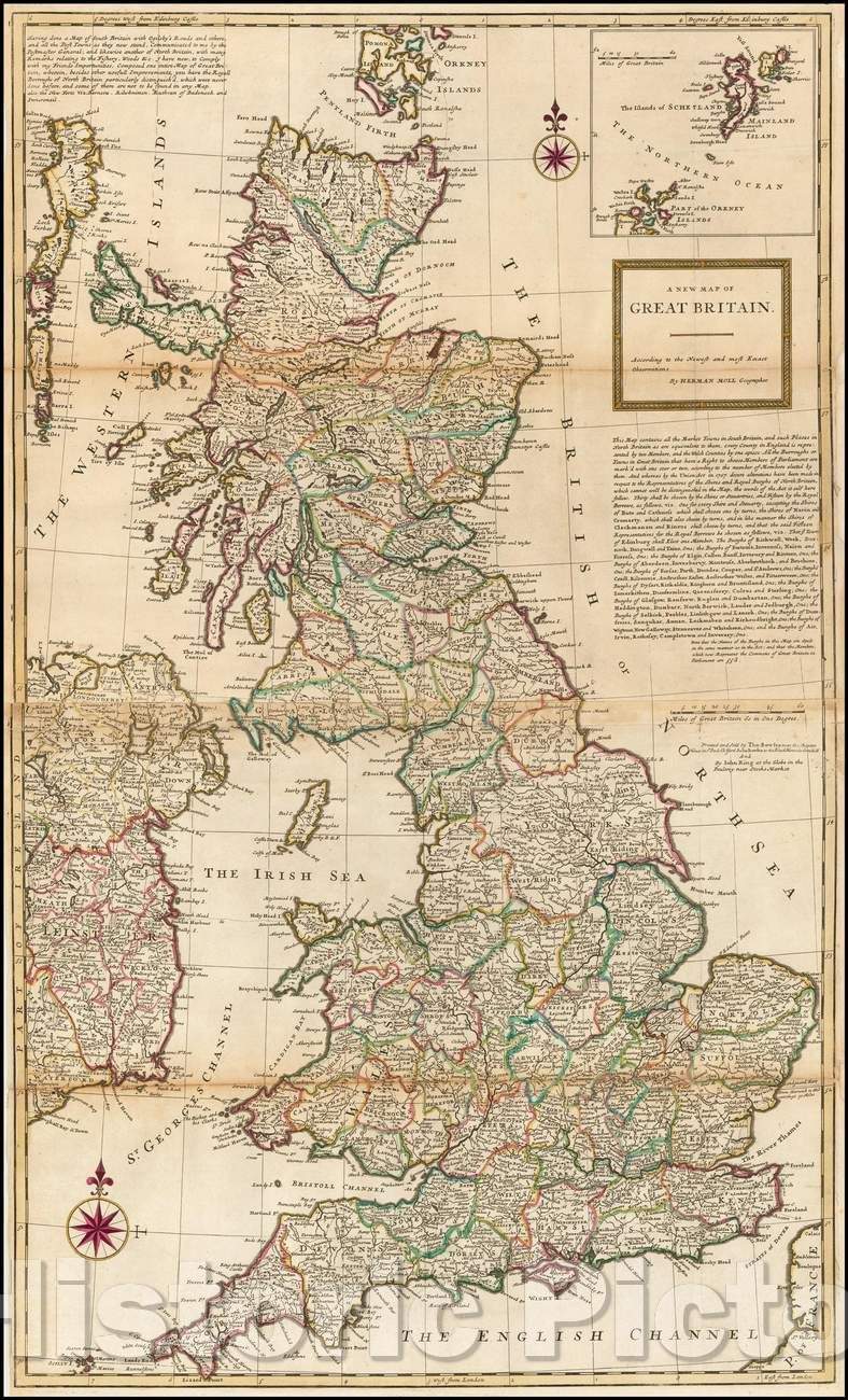 Historic Map - Great Britain - According to the Newest and most Exact Observations, 1719, Herman Moll - Vintage Wall Art