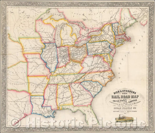 Historic Map - Bien & Sterner's New Rail Road Map of the United States and the Canadas, 1855, Bien & Sterner - Vintage Wall Art