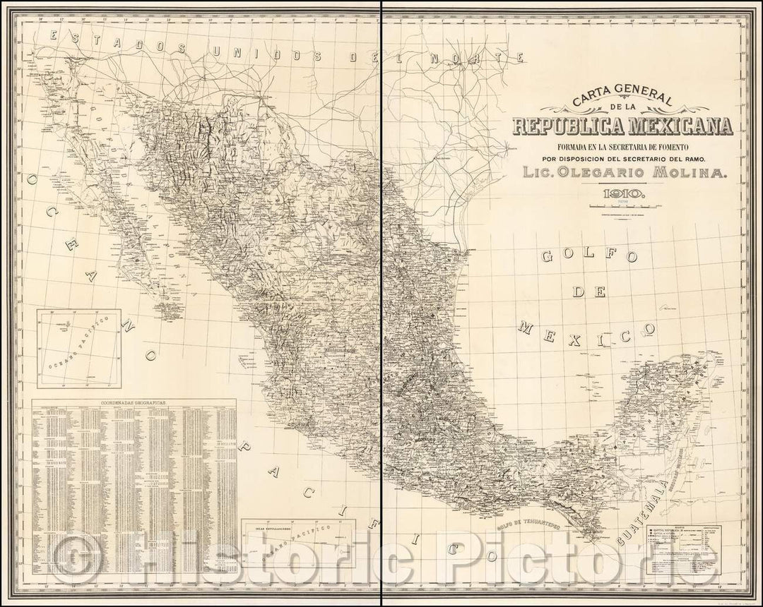Historic Map - Carta General de la Republica Mexicana formada en la Secretaria / 1913 US War Department Reproduction of Map of Mexico, 1910, Olegario Molina - Vintage Wall Art