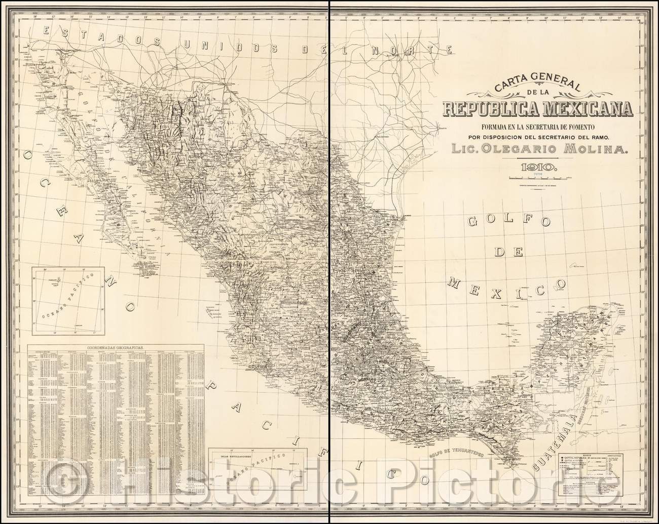 Historic Map - Carta General de la Republica Mexicana formada en la Secretaria / 1913 US War Department Reproduction of Map of Mexico, 1910, Olegario Molina - Vintage Wall Art