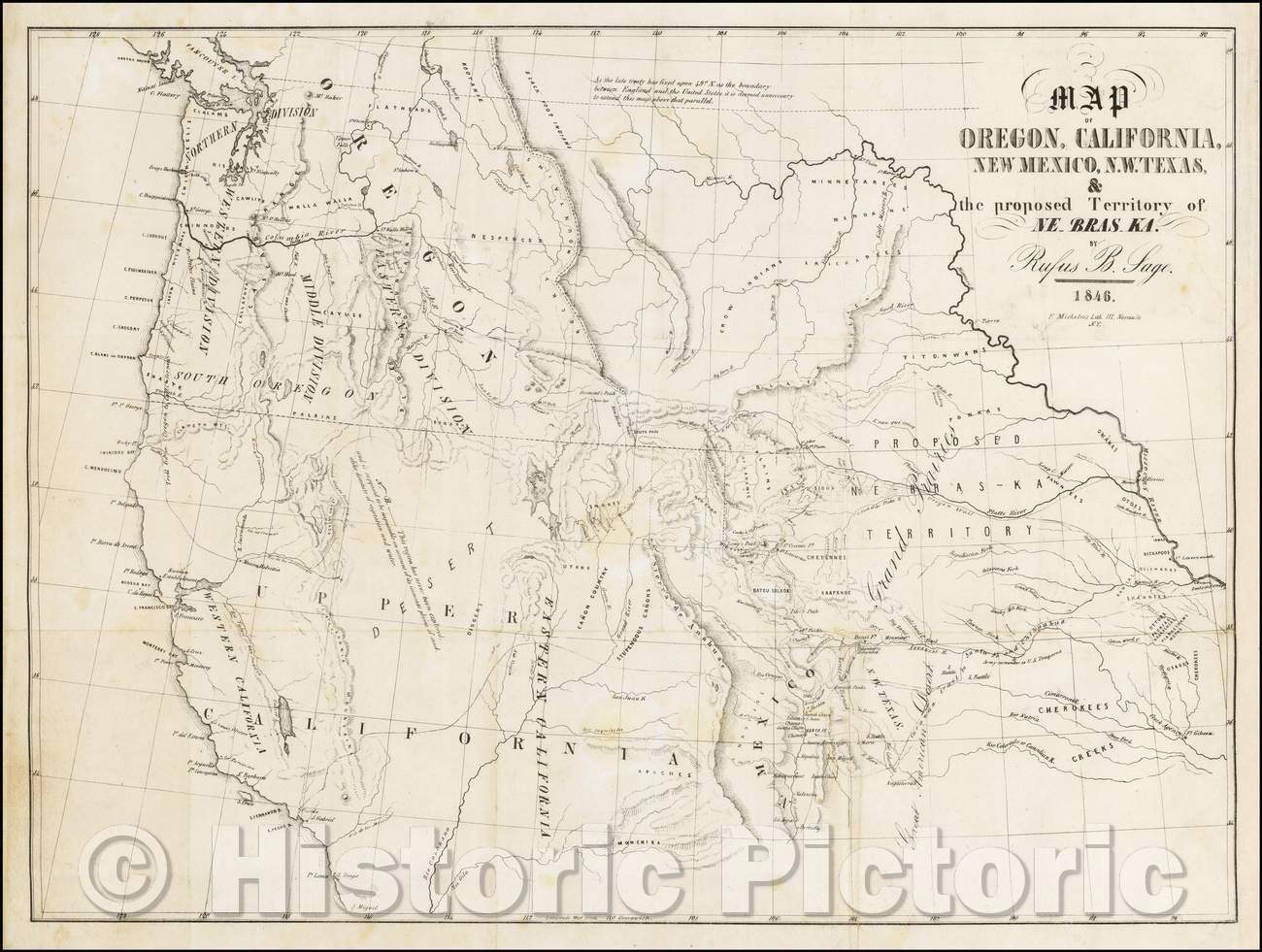 Historic Map - Map of Oregon, California, New Mexico, N.W. Texas & the proposed Territory of Ne-bras-ka, 1846, Rufus Sage v2