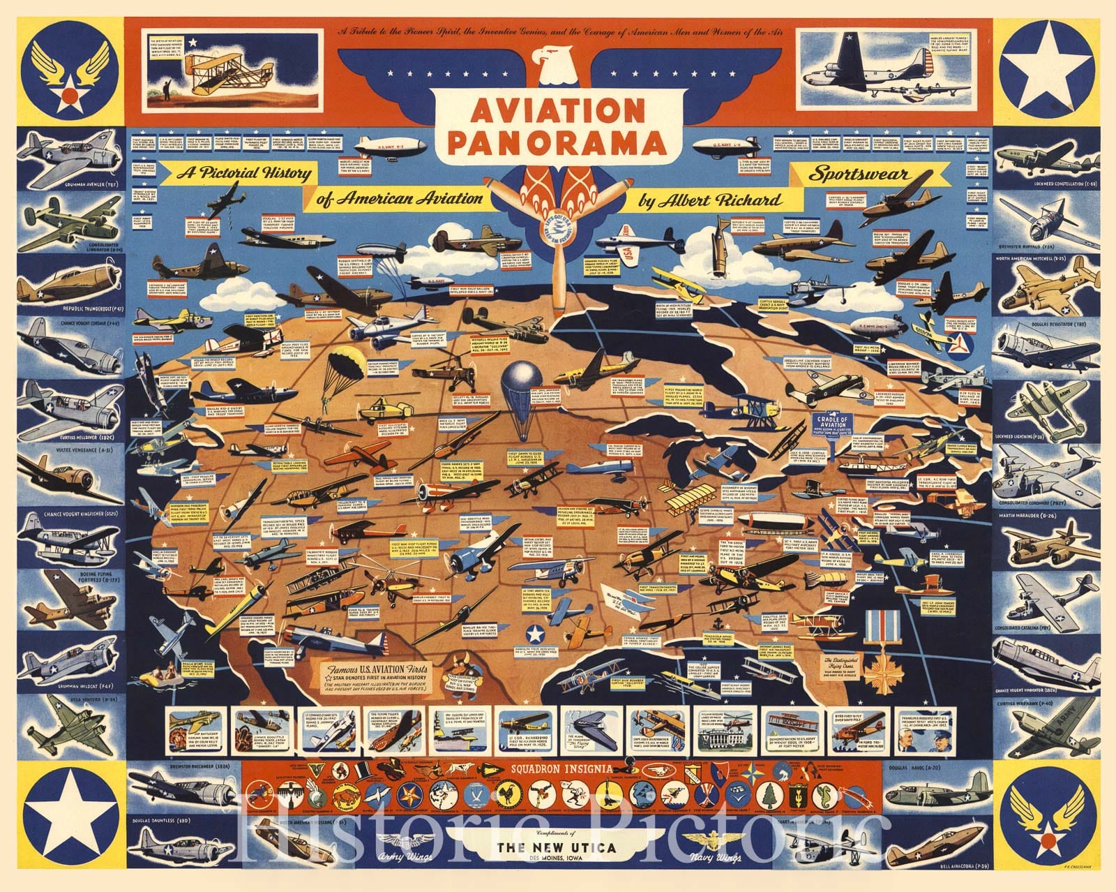 Historic Map - Aviation Panorama - A Pictorial History of American Aviation, 1943, F. E. Cheeseman - Vintage Wall Art