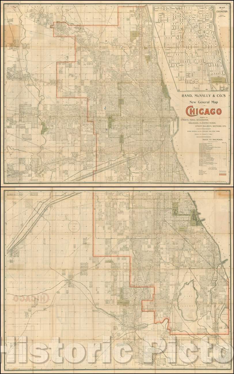 Historic Map - New General Map of Chicago Showing All Streets, Parks, Boulevards, Railroads, Elevated Roads, Street Railways, Sections, Etc, 1900 - Vintage Wall Art