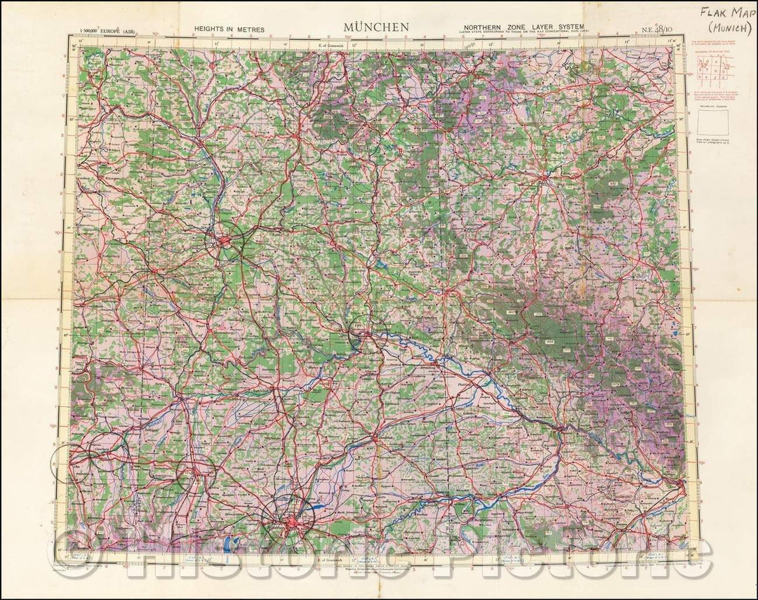 Historic Map - Munchen (Flak Map), 1940, Geographical Section, War Office (UK) - Vintage Wall Art