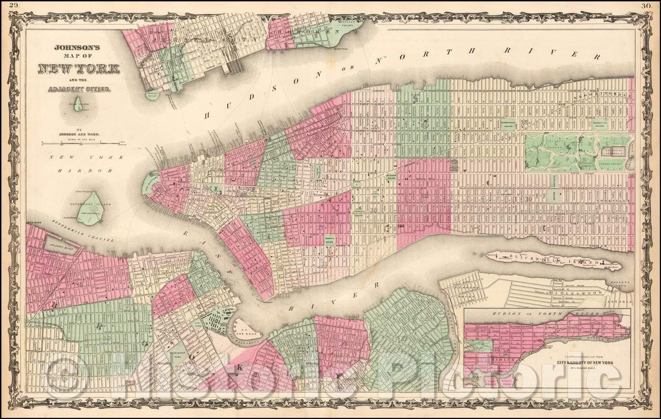 Historic Map - Johnson's Map of New York and the Adjacent Cities, 1863, Alvin Jewett Johnson - Vintage Wall Art