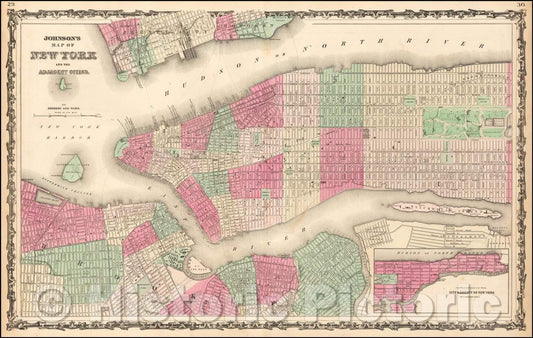 Historic Map - Johnson's Map of New York and the Adjacent Cities, 1863, Alvin Jewett Johnson - Vintage Wall Art