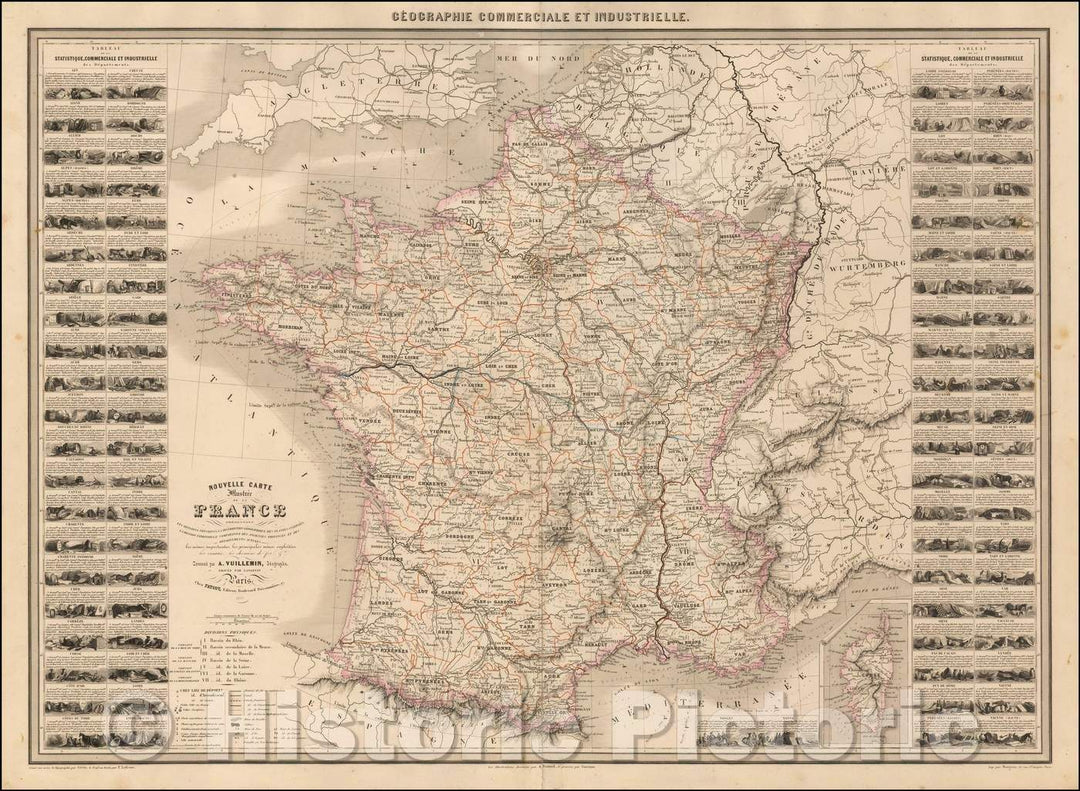 Historic Map - Nouvelle Carte Illustree de La France, 1857, Alexandre Vuillemin - Vintage Wall Art
