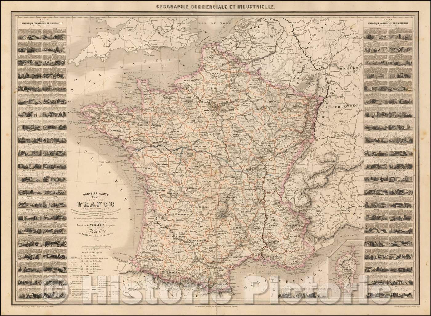 Historic Map - Nouvelle Carte Illustree de La France, 1857, Alexandre Vuillemin - Vintage Wall Art