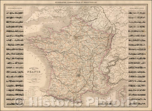 Historic Map - Nouvelle Carte Illustree de La France, 1857, Alexandre Vuillemin - Vintage Wall Art