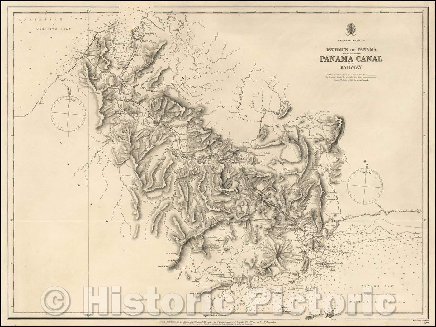 Historic Map - Isthmus of Panama Showing The Proposed Panama Canal and the Railway, 1885, British Admiralty - Vintage Wall Art
