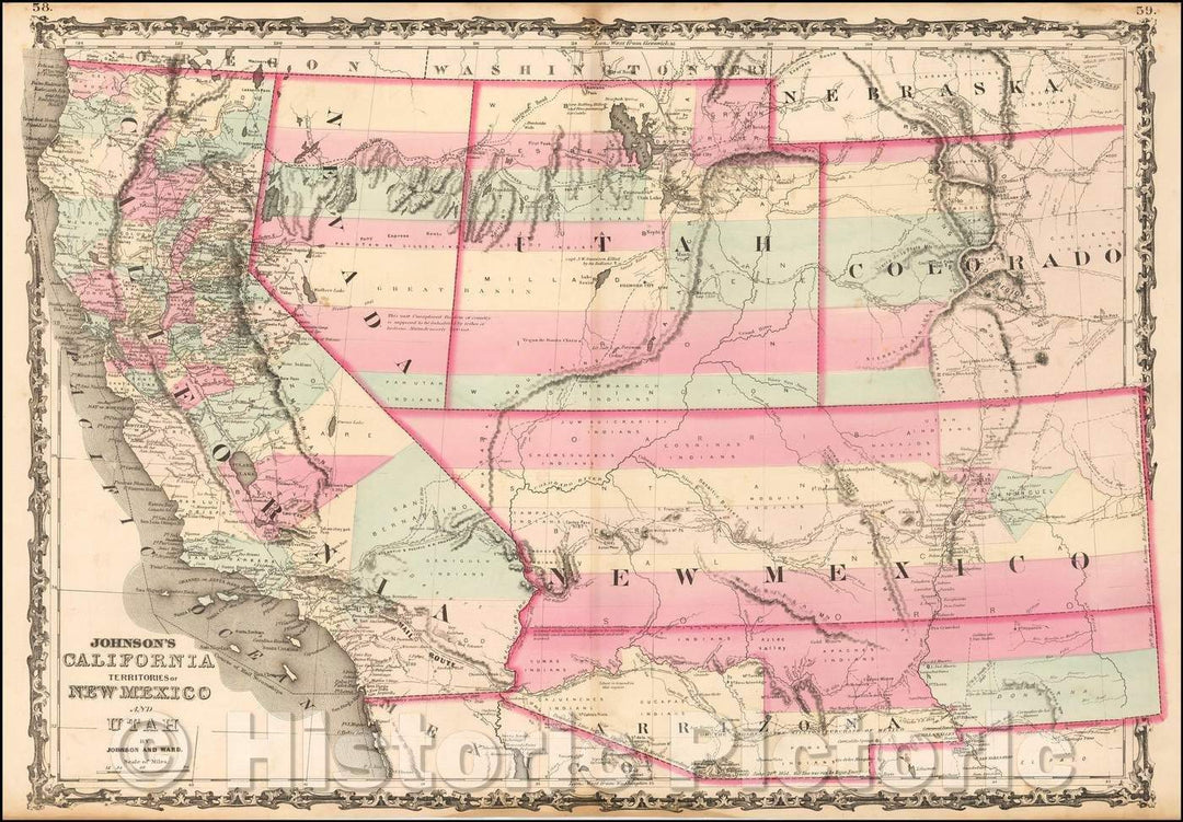 Historic Map - Johnson's California, Territories of New Mexico and Utah, 1862, Benjamin Ward v2