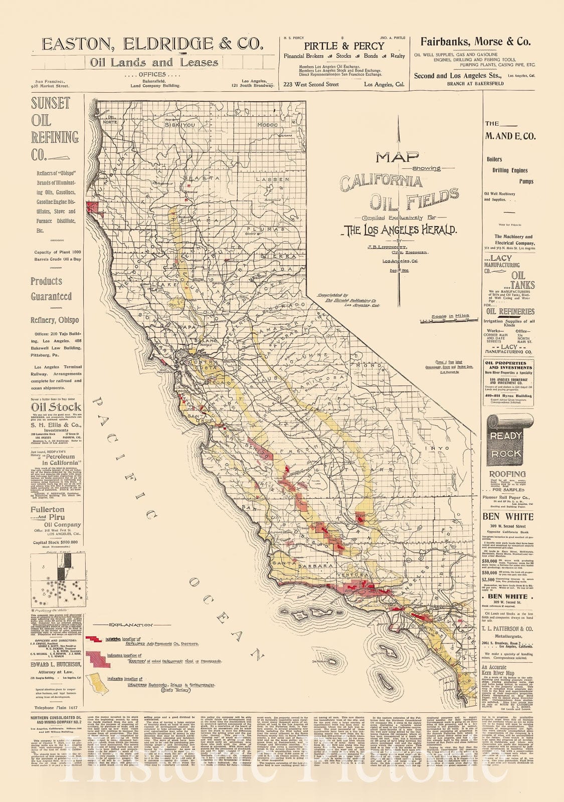 Historic Map - Map Showing California Oil Fields, 1900, J.B. Lippincott - Vintage Wall Art