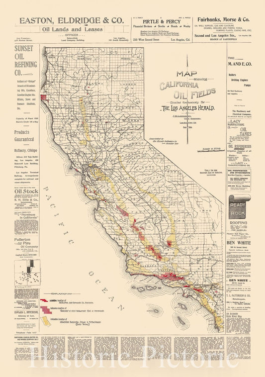 California Oil Fields - State Map, 1900 | Geologic Map Print