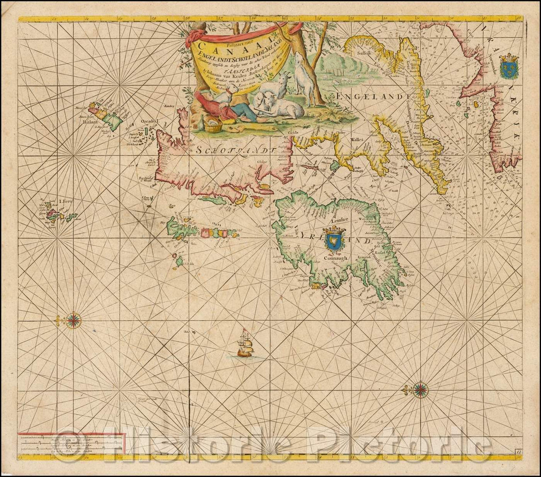 Historic Map - Paskaart van t Canaal Engelandt Schotlandt en Yrland/Johannes van Keulen's Sea Charts of the British Isles, 1700, Johannes Van Keulen - Vintage Wall Art