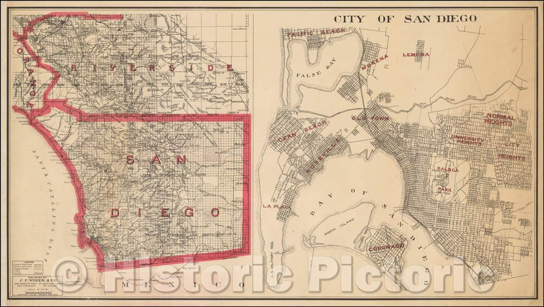 Historic Map - Riverside & San Diego County/Map of San Diego, 1914, Punnett Brothers - Vintage Wall Art