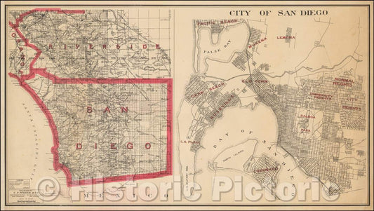 Historic Map - Riverside & San Diego County/Map of San Diego, 1914, Punnett Brothers - Vintage Wall Art
