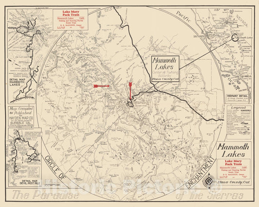 Historic Map - A Circle of Enchantment Mammoth Lakes, Mono County, Cal. The Paradise of the Sierras (Tamarack Lodge Promotional Map), 1934, Hayden Map Co - Vintage Wall Art